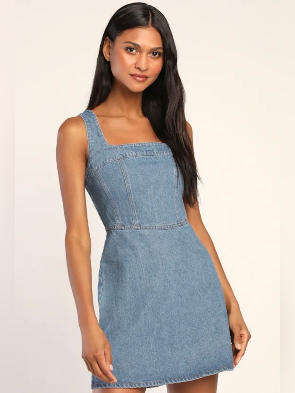Lulus So Delighted Medium Wash Denim Corset Seam Mini Dress XS